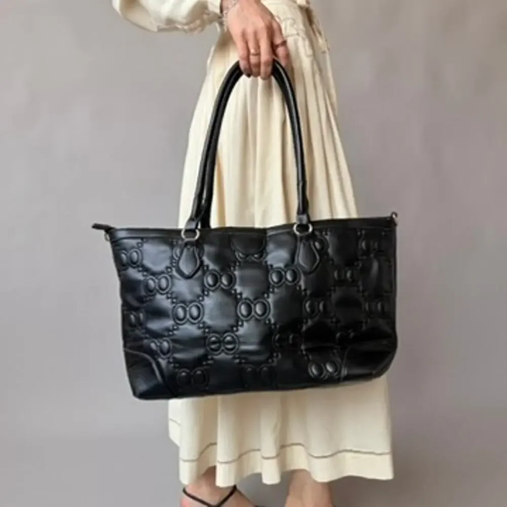 Black Quilted Logo Vegan Leather Tote - Spacious